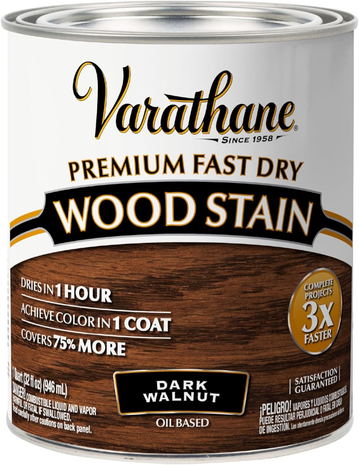 Varathane Premium Fast Dry Dark Walnut Wood Stain | Oil-Based, 1 Coat Color, 1 Hour Dry Time, Interior Wood Stain, Furniture, Cabinets, Doors, Covers Up to 275 Sq Ft, Quart