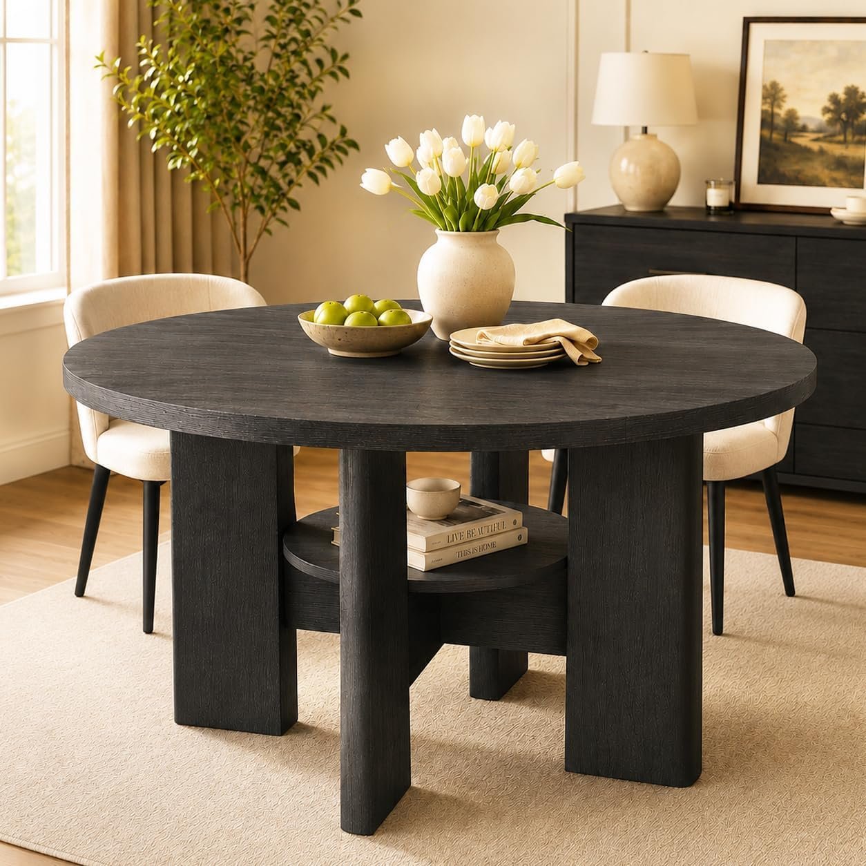 47″ Round Dining Table for 4-6 People, Modern Wood Kitchen Table with Sculptural Curved Pedestal Base, 1.57″ Thick Tabletop, Storage Shelf, Dining Room Table for Apartment,Black Grey