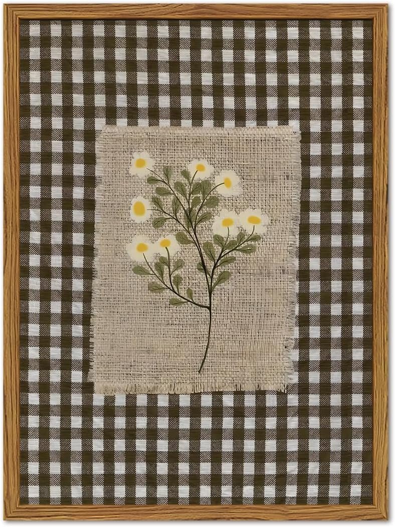 Framed Vintage Floral Wall Art, Rustic Flower Pictures Wall Decor, Farmhouse Wildflower Gingham Paintings Canvas Prints Cottagecore Home Decor for Living Room Bedroom Bathroom 12×16 inch