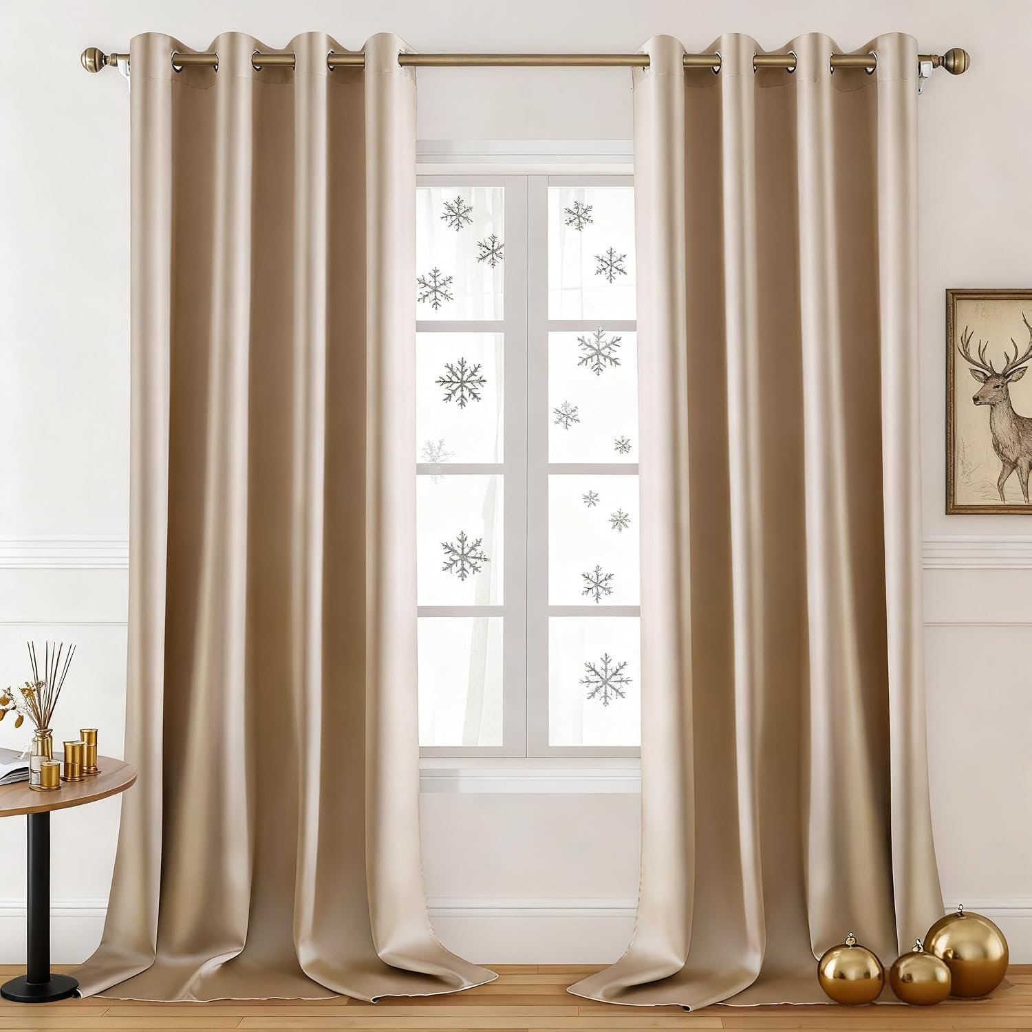 HOMEIDEAS 2 Panels Beige Faux Silk Blackout Luxury Curtains, 52 X 84 Inch Room Darkening Satin Thermal Insulated Vintage Window Drapes for Bedroom Decor, Indoor,Champagne Gold