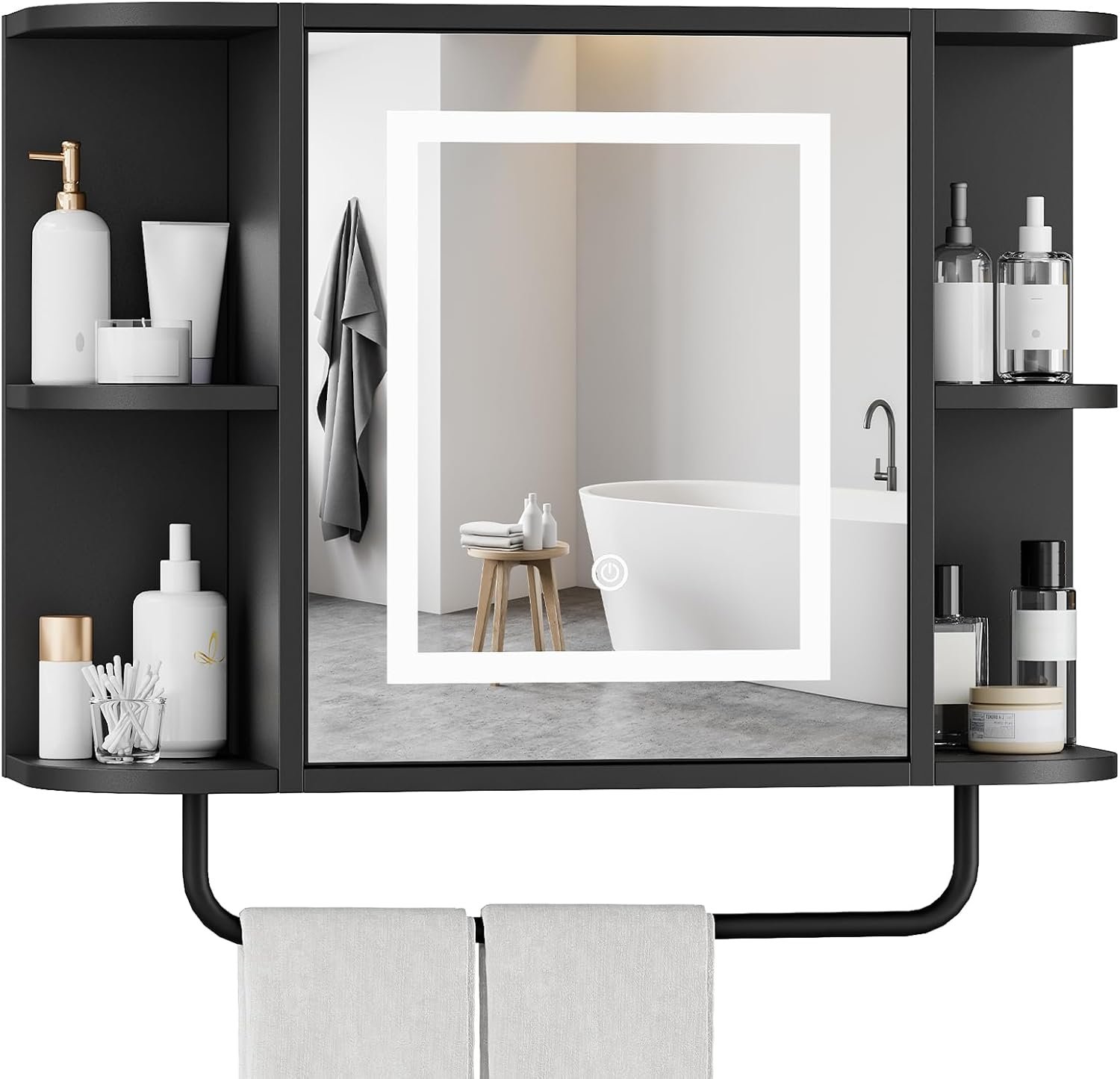 MAHANCRIS Bathroom Wall Cabinet with Mirror, Mirrored Medicine Cabinet with LED Light and Open Shelves, Wall Mounted Over Toilet Storage Cabinets with Adjustable Shelf, 21.7″L x 6.7″W x 18.1″H, Black