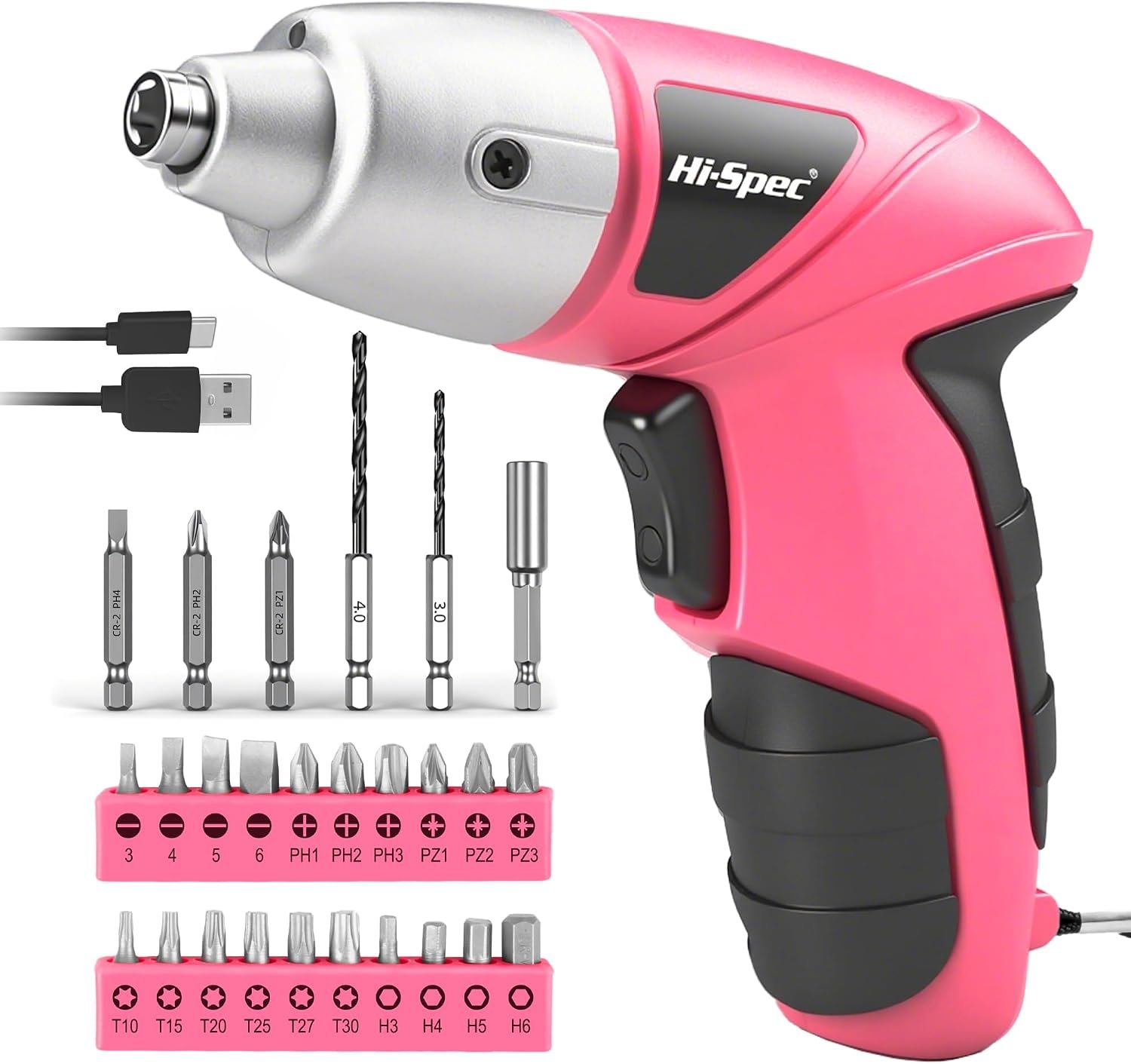 Hi-Spec Small Electric Screwdriver, Mini Drill Set, Rechargeable 3.6V Cordless Screwdriver with 26 Driver Bits, Power Tool for Small Projects & Home Use, Pink | 27pc, Speeds furniture assembly, comfortable cordless control, LED work light, USB charging, organized storage
