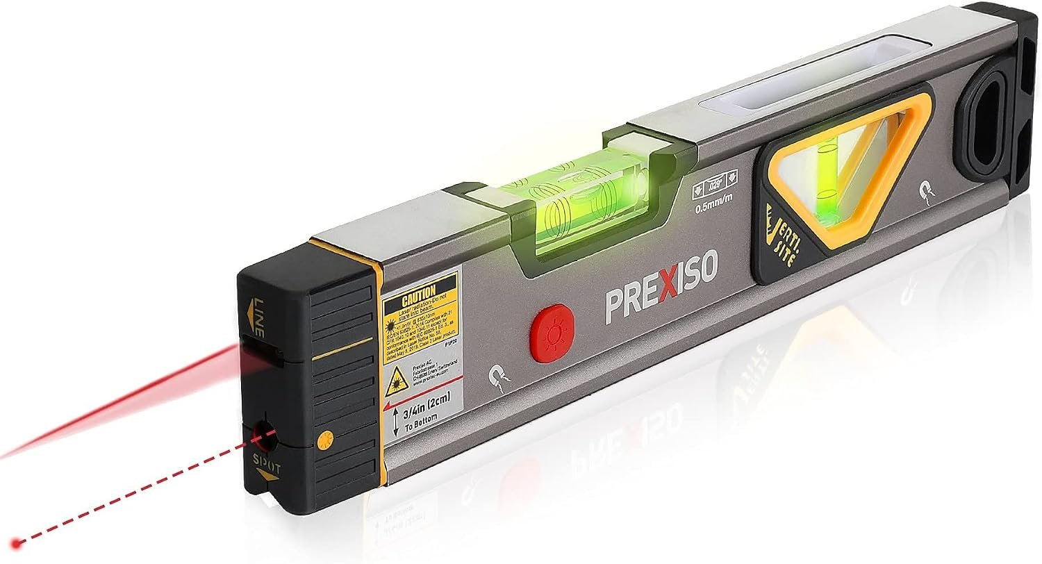 PREXISO 2-in-1 Laser Level 100Ft/30Ft, 12″ Magnetic Spirit Level with Light | 100Ft Alignment Point & 30Ft Leveling Line, Laser Leveler Tool for Picture Hanging Wall Writing Painting Home Renovation