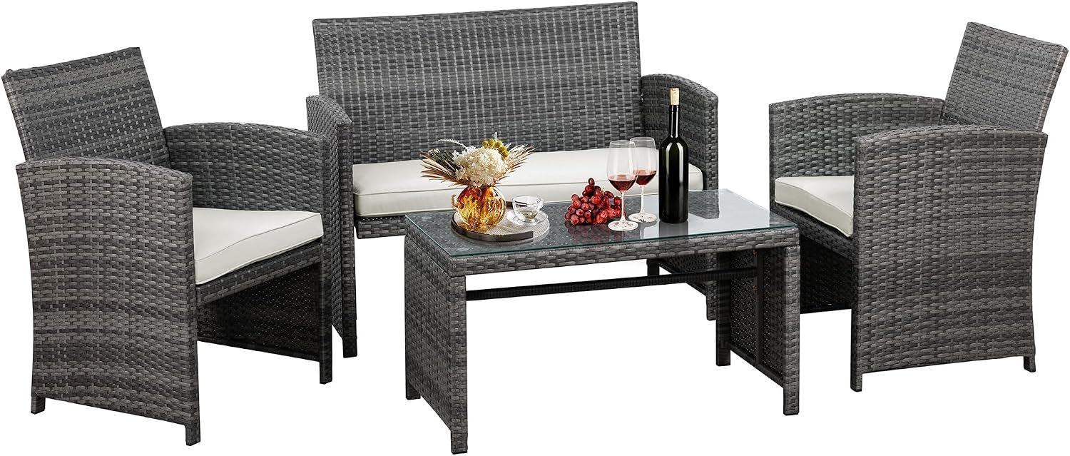 4 Piece Outdoor Patio Furniture Set, Outdoor Wicker Rattan Chairs Conversation Sets with Cushions & Coffee Table for Outside, Garden, Balcony, Porch, Beige