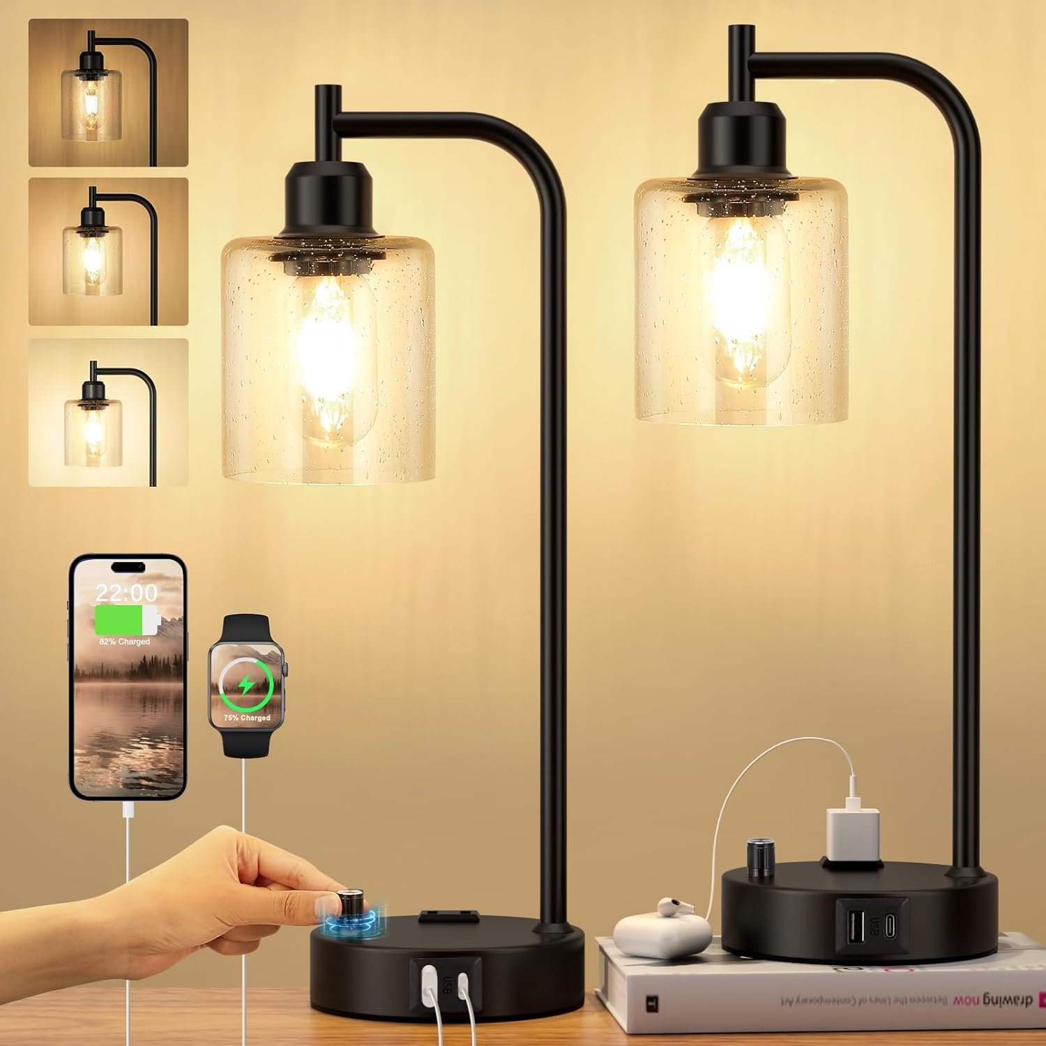 Industrial Bedside Lamps Set of 2, Fully Dimmable Desk Lamps for Bedroom | Glass Shade, USB C+A Charging Port & Outlet, Black Nightstand Table Lamps for Living Room, Office, Reading, Vintage