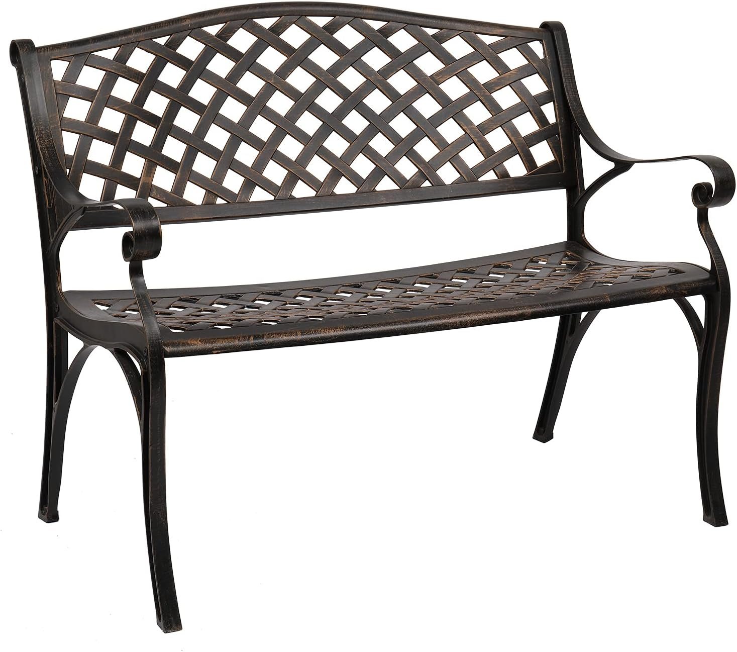 VINGLI 40.5″ Patio Garden Bench,Anti- Rust Cast Iron Cast Aluminum Frame for Outdoor Path Yard Lawn Work Entryway Decor Deck (Brown)