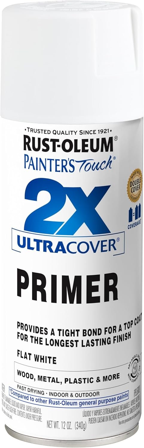 Rust-Oleum Painter’s Touch 2X Ultra Cover Spray Primer, Flat White | Indoor and Outdoor Surfaces (Metal, Wood, Plastic), Fast Dry, Durable, Sprays from Any Angle, Comfort Tip, Oil Based