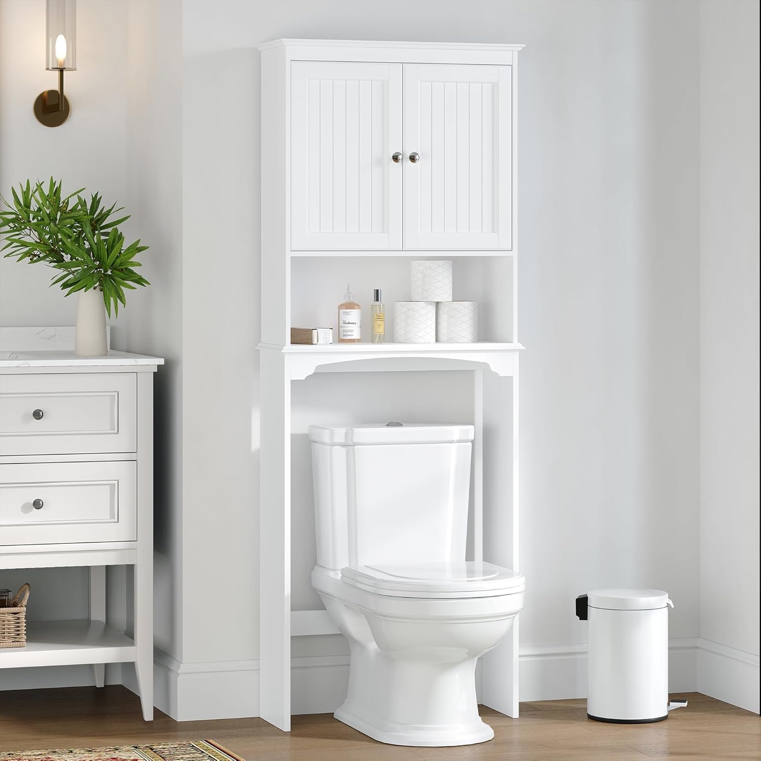 Spirich Over The Toilet Storage Cabinet with Doors, Bathroom Organizer | White, Adjustable Shelf, Anti-Tip Fitting, FSC-Certified MDF, Beadboard Design, 33.3″ Toilet Clearance, Adjustable Crossbar