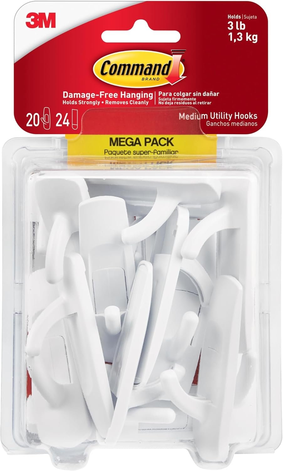 Command Medium White Hooks, 20 Hooks, 24 Strips | Damage-Free Hanging with Adhesive, Heavy Duty Hanging Great for Organization and Storage, Holds up to 3 lb