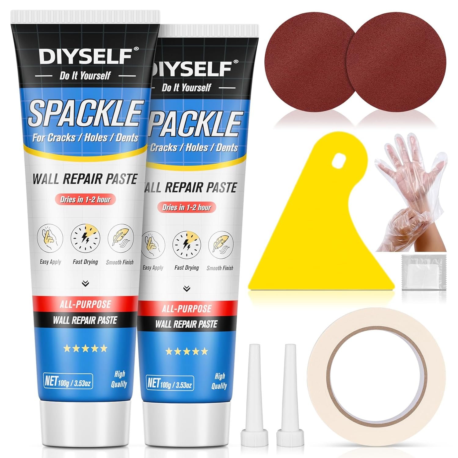 DIYSELF 9-Piece Spackle Wall Repair Kit, 7 oz Fast-Drying Hole Filler Set | Complete Repair Tools, Easy-to-Apply Wall Putty for Cracks, Nail Holes, Wall Filler for Gaps, Homes, Apartments and Renters