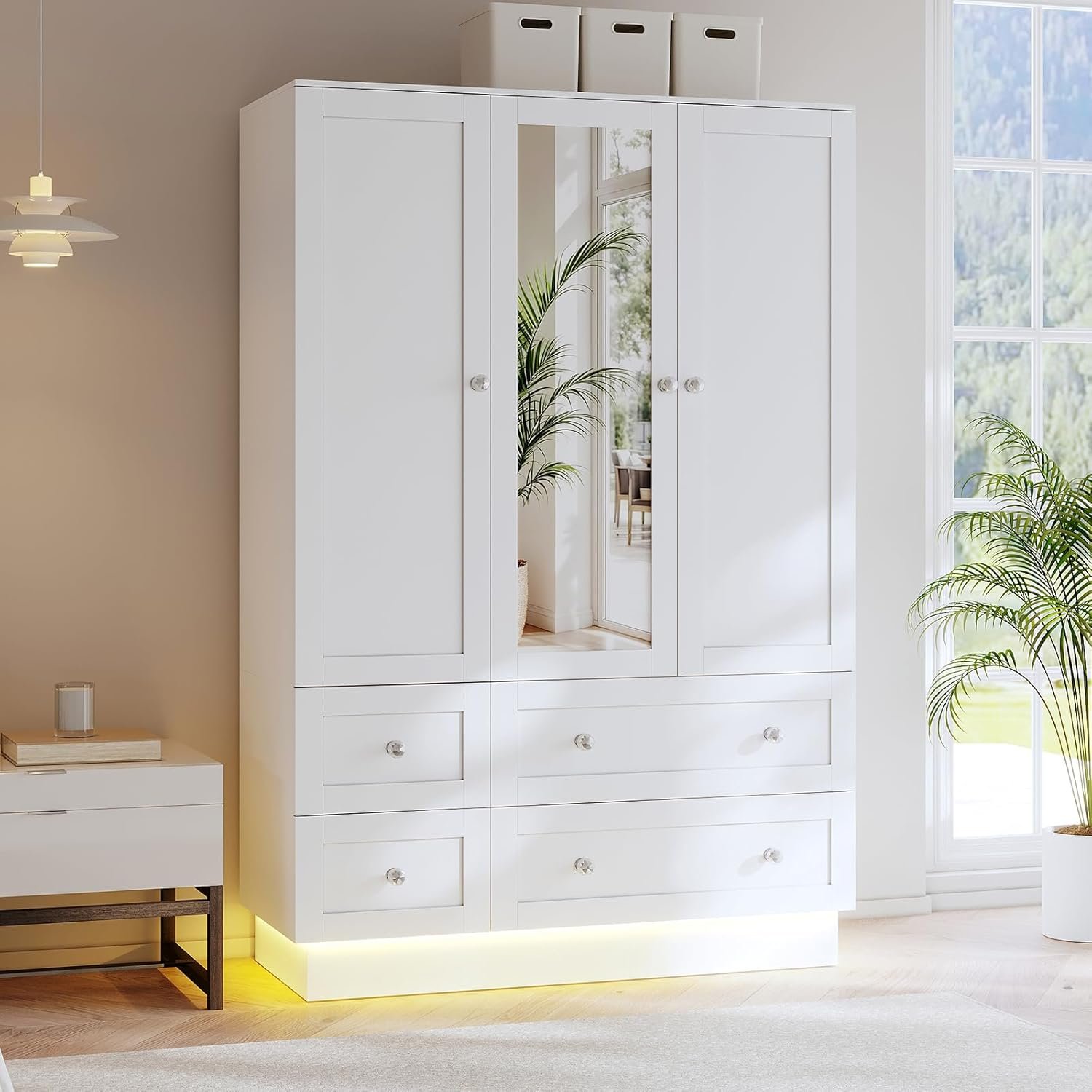 VOWNER Wardrobe Closet with 3 Doors Bedroom Armoire with Mirror & 4 Drawers | Large Capacity Storage Closet with LED Light and Hanging Rod for Bedroom, White 47″ L