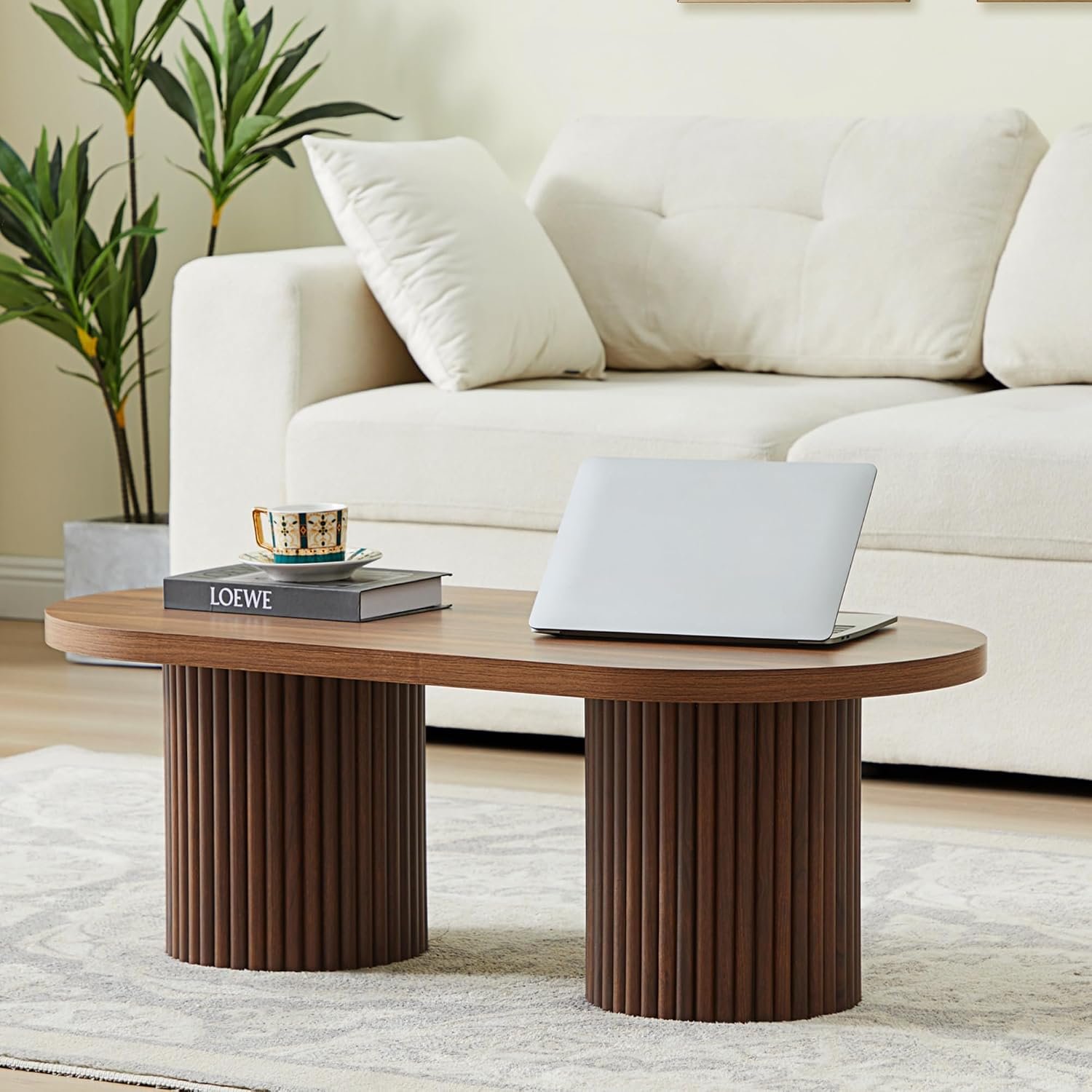 Oval Fluted Coffee Table for Living Room, Modern Small Coffee Table,Walnut | Mid Century Modern Coffee Table with Fluted Legs, Wooden Center Table for Home Office Cafe, Vintage, 39.38″ x 19.69″ x 13.78″