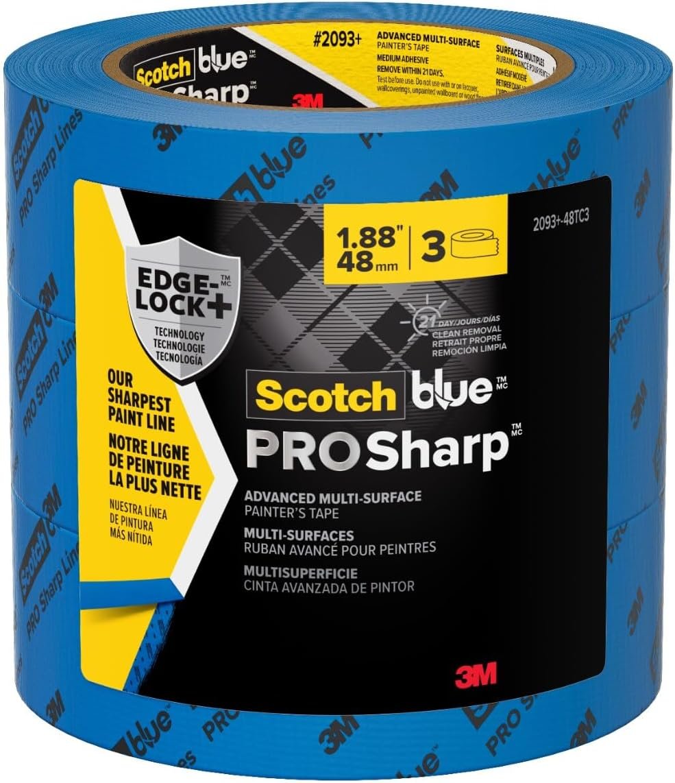 ScotchBlue PROSharp Painter’s Tape 2 Inch Wide (1.88 in x 60 yd) 3 Rolls Blue Tape Protects Surfaces and Removes Easily, Edge-Lock Tape for Indoor and Outdoor Use (2093+-48AC3)