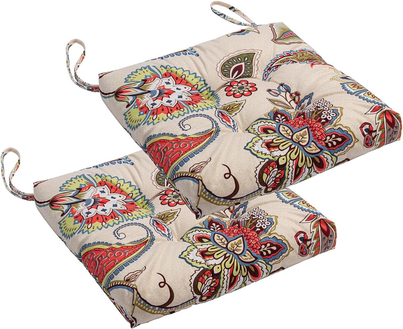 2-Pack Outdoor/Indoor Wicker Patio Seat Cushion Pad with Ties – Dining Chair Cushion, 17″ x 17″ (Khaki Floral)