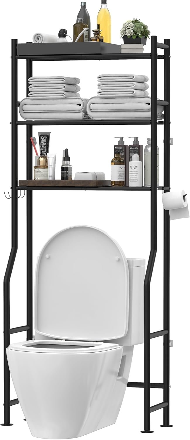 Livilord 3-Tier Over The Toilet Storage, Freestanding Metal Bathroom Shelves with 4 Hooks, Over Toilet Storage Shelf with Paper Holder, Above The Toilet Shelf for Bathroom Storage, Black