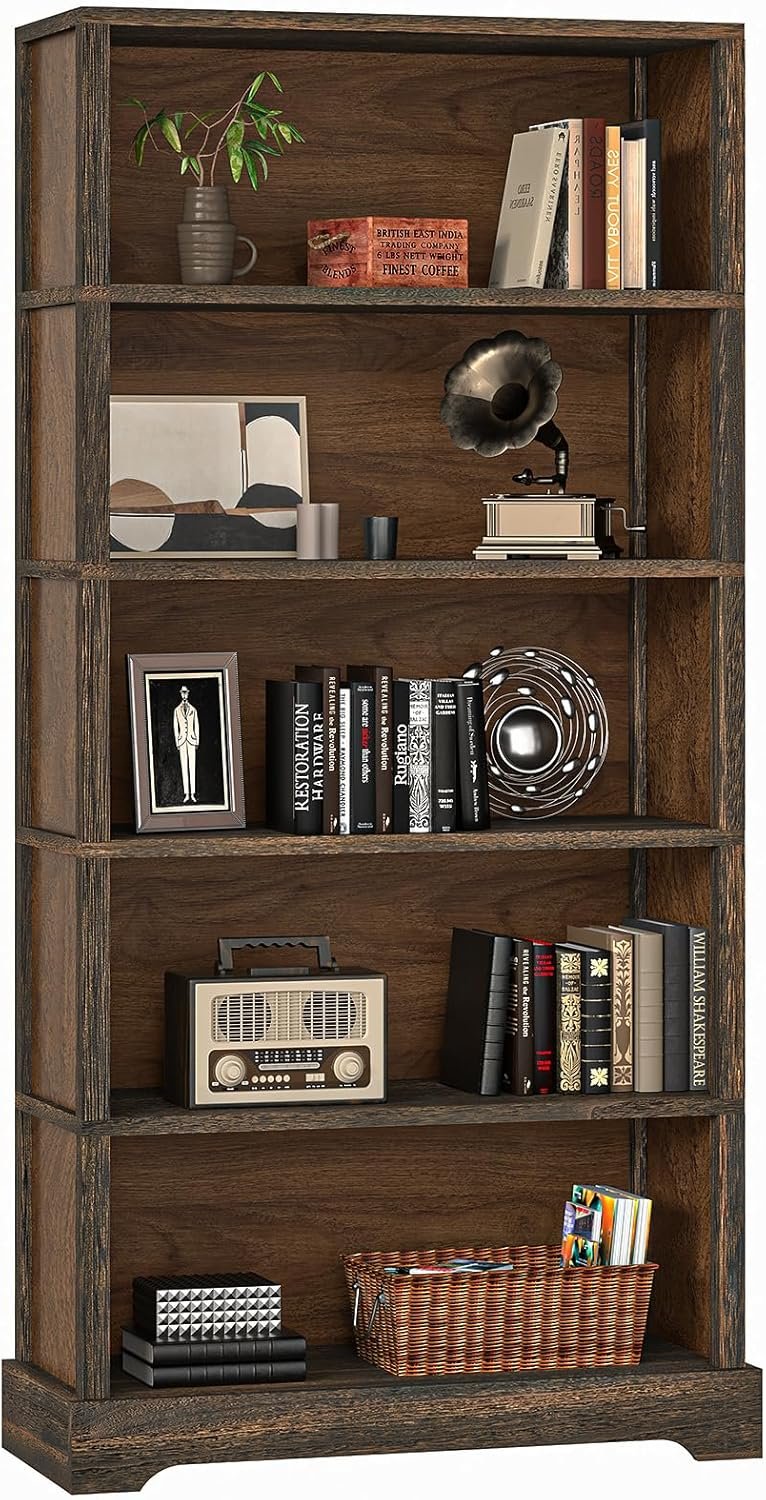 TVU 5-Tier Solid Wood Book Shelf, Floor Standing Bookcase, 65″ H × 31.5″ W × 11.8″ D Bookshelf, Farmhouse Style Book Case with Arched Base, Suitable for Living Room, Study, Office, Walnut