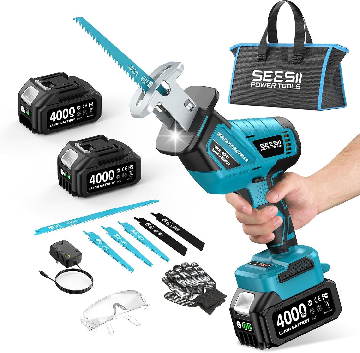 SEESII Reciprocating Saw Cordless with 2 x 4.0Ah Batteries | Variable Speed 3500 RPM Brushless Motor with 6 Saw Blades, LED Light, Tool‑Free Blade Change, Portable for Wood PVC Cutting