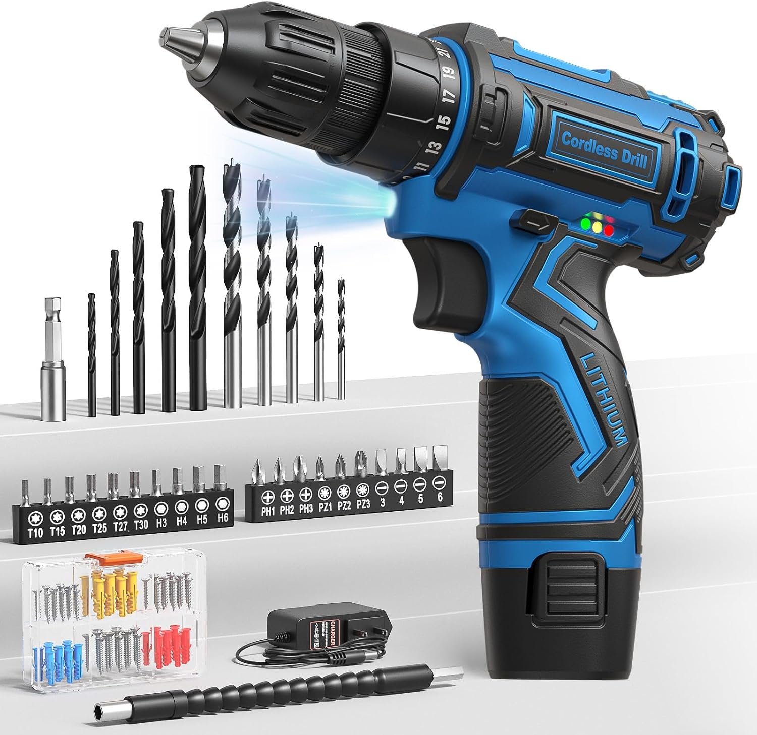 Cordless Drill Set,12V Power Drill Driver 3/8″ Keyless Chuck with 92 Acessories, Built-in LED Light, 25+1 Position, Electric Drill for Home DIY Projects（Blue）