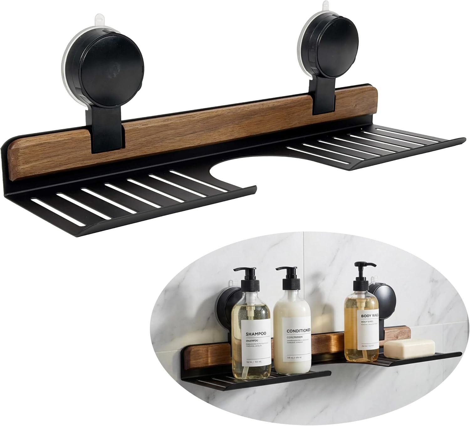 Over Sink Shelf with Walnut, 15.7″ Tool-Free Organizer, Strong Suction Cup Rack with Easy Drainage for Kitchen & Bathroom