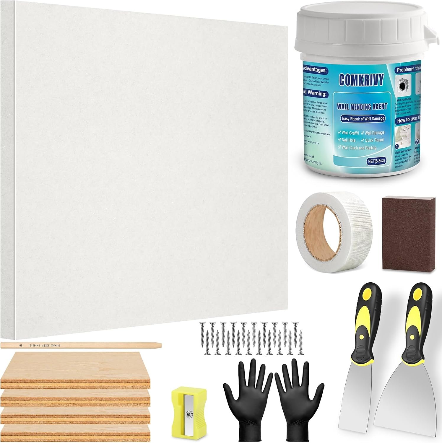 Drywall Repair Kit with 12″x12″ Dry Wall Repair Panel, 33-in-One Drywall Patch Kit Wall Patch Repair Kit with Spackle, Mesh Tape, Putty Knives & Sanding Block for Wall Surface Ceiling Large Hole Fill