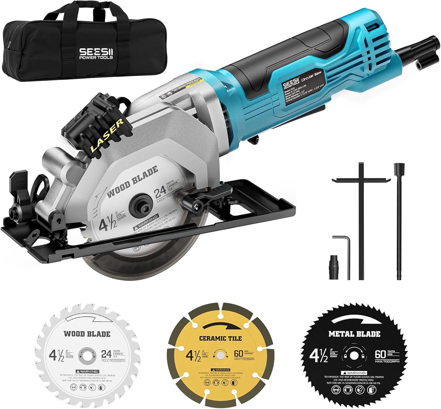 SEESII Mini Circular Saw, 4.8A 4000RPM Corded Compact 4-1/2″ Saw with Laser | 3 Blade with Storage Bag for Wood, Metal, Tile and Plastic Cutting, Featuring Laser Guide, 45° Bevel Cut and Dust extraction