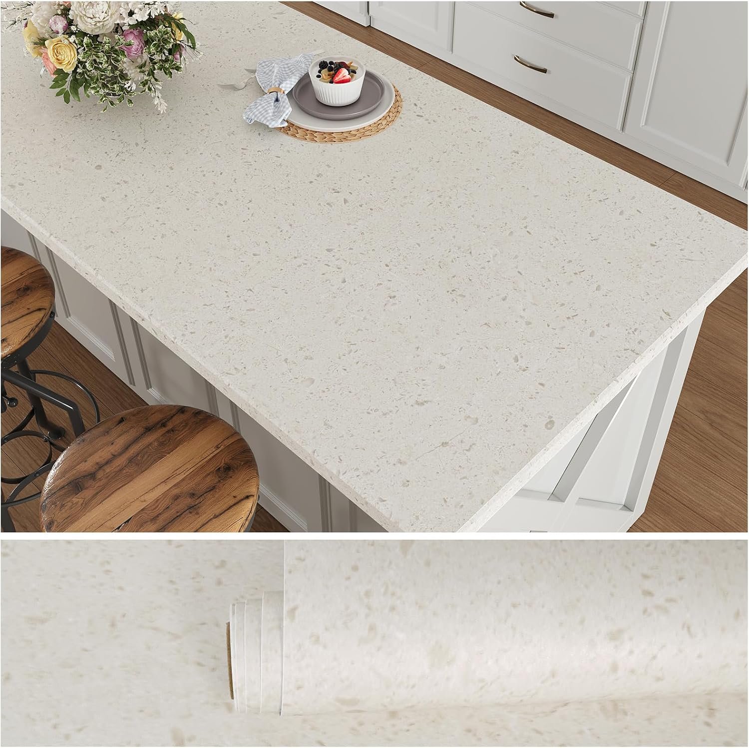 VEELIKE Off White Flecked Granite Contact Paper for Countertops Peel and Stick Waterproof Marble Contact Paper 15.7”x118” Self Adhesive Vinyl Countertop Wallpaper for Bathroom Kitchen Counter Top