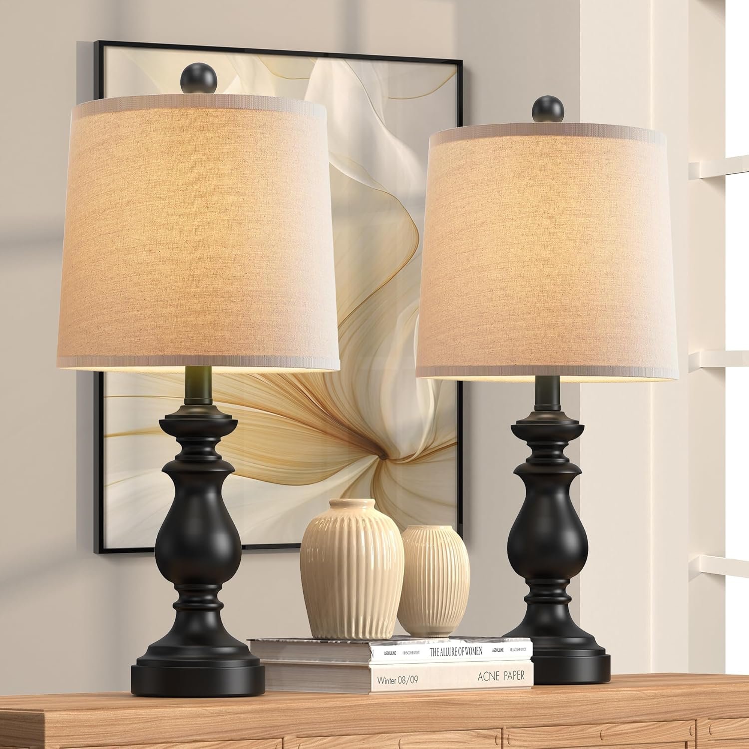 PARTPHONER Traditional Table Lamp Set of 2, Rustic Farmhouse Table Lamps for Living Room Bedroom, 22″ Bedside Desk Lamps Vintage Nightstand Lamps with Linen Shades, Black