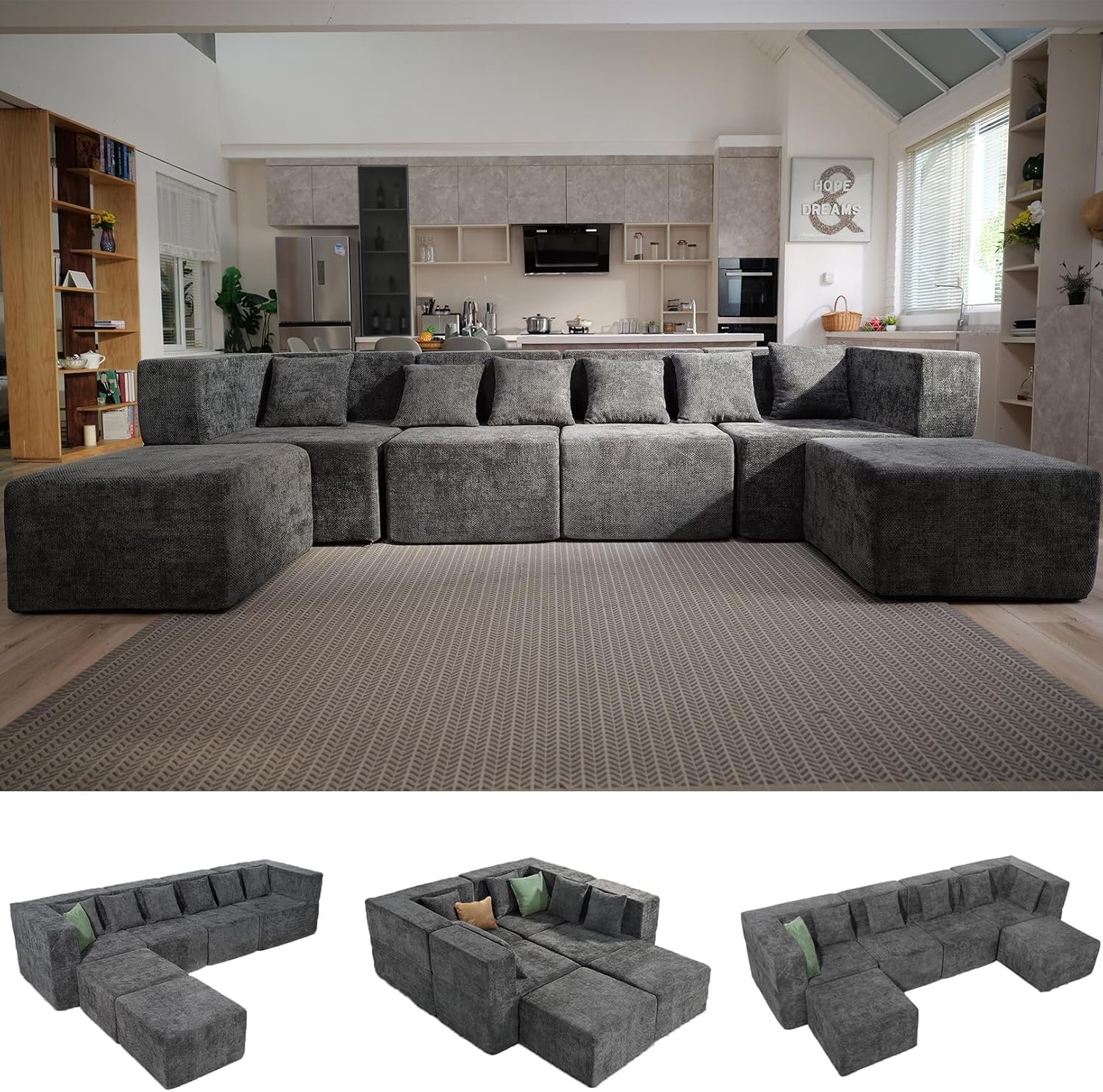 MONVANE Modular Sectional Cloud Couch for Living Room – 130” 6 Seater Convertible Chenille Couches Set with Ottoman, No Assembly Compression Sofas, Comfy Floor Sofa with Memory Foam, Grey