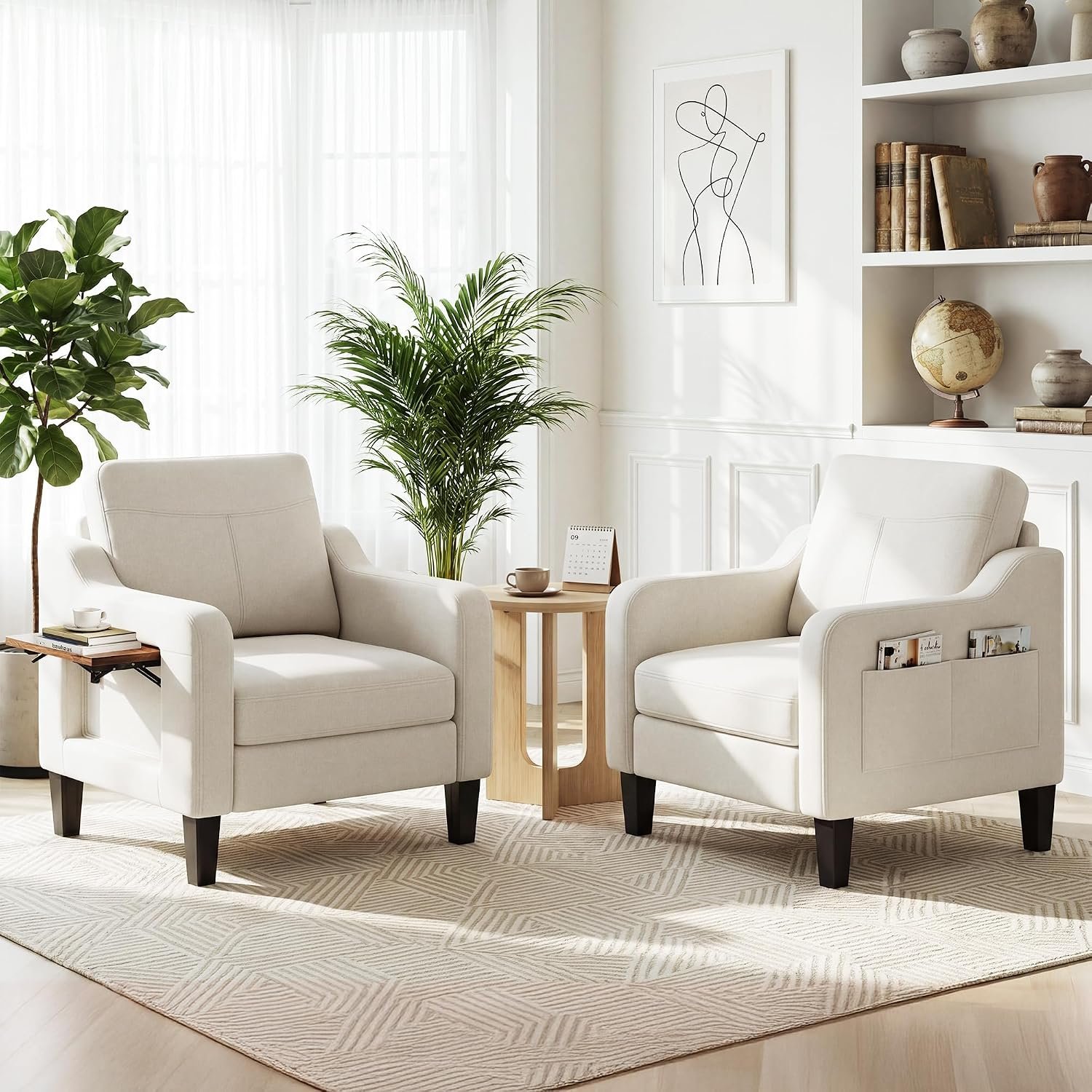 Accent Chairs Set of 2 for Living Room, Mid-Century Upholstered Armchair with Foldable Table & 2 Side Pockets, Modern Linen Wooden Sofa Chair for Bedroom & Reading Room, Beige