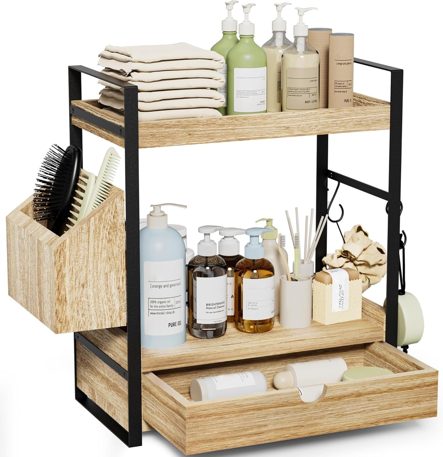 2-Tier Bathroom Counter Organizer, Wooden Vanity Shelf with Drawer & Basket | Pre-Drilled Holes, Skincare & Makeup Countertop Organizer and storage