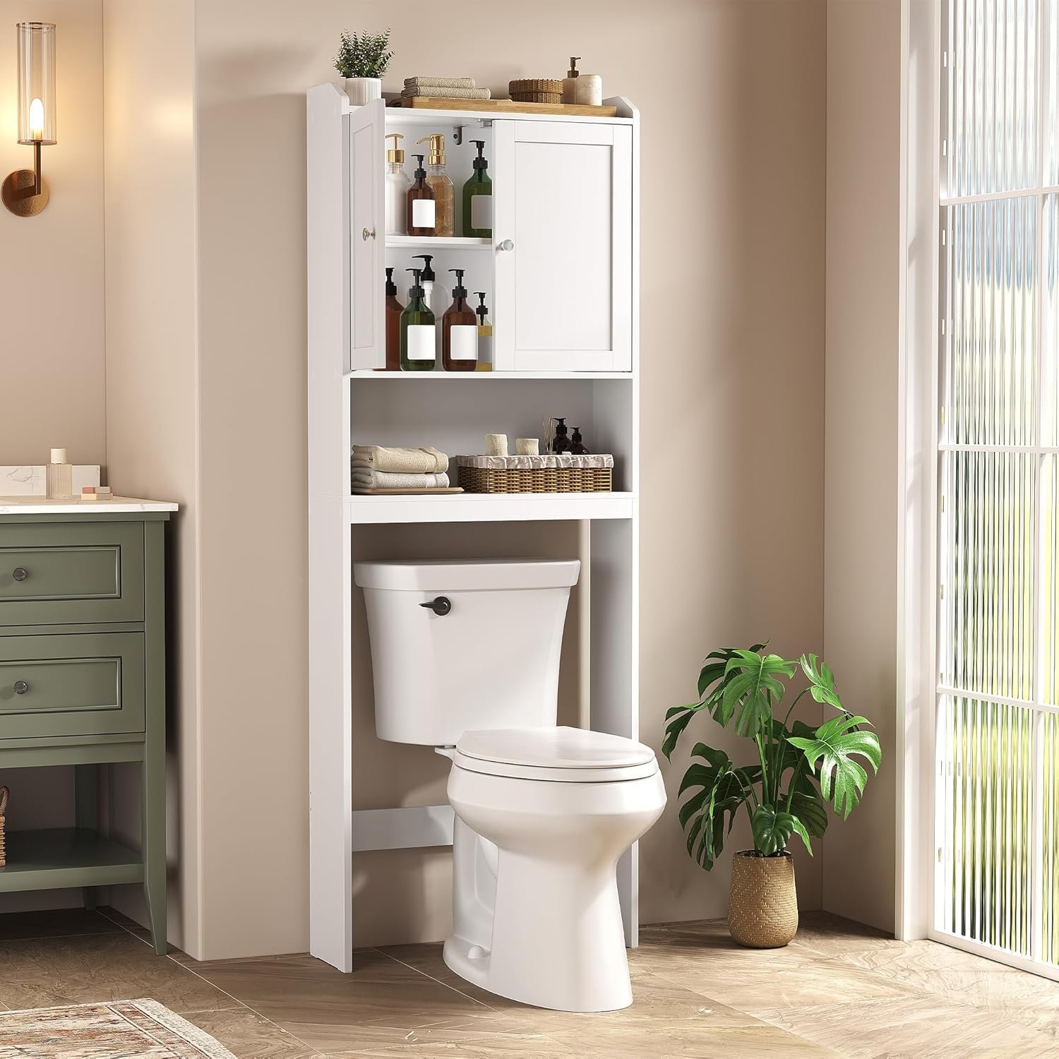 VASAGLE Over the Toilet Storage Cabinet, Adjustable Shelves, Space-Saving | Bathroom storage cabinet with doors, Modern, Cloud White, 7.9 x 24.6 x 66.9 Inches, UBTS008WH01S