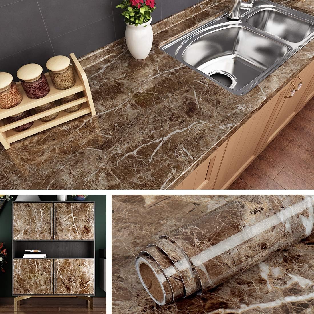 Livelynine Counter Top Covers Peel and Stick Brown Marble Contact Paper for Countertops Waterproof Wallpaper Kitchen Countertop Laminate Sheets Table Desk Cover Marble Vinyl Wrap Bathroom 15.8×78.8