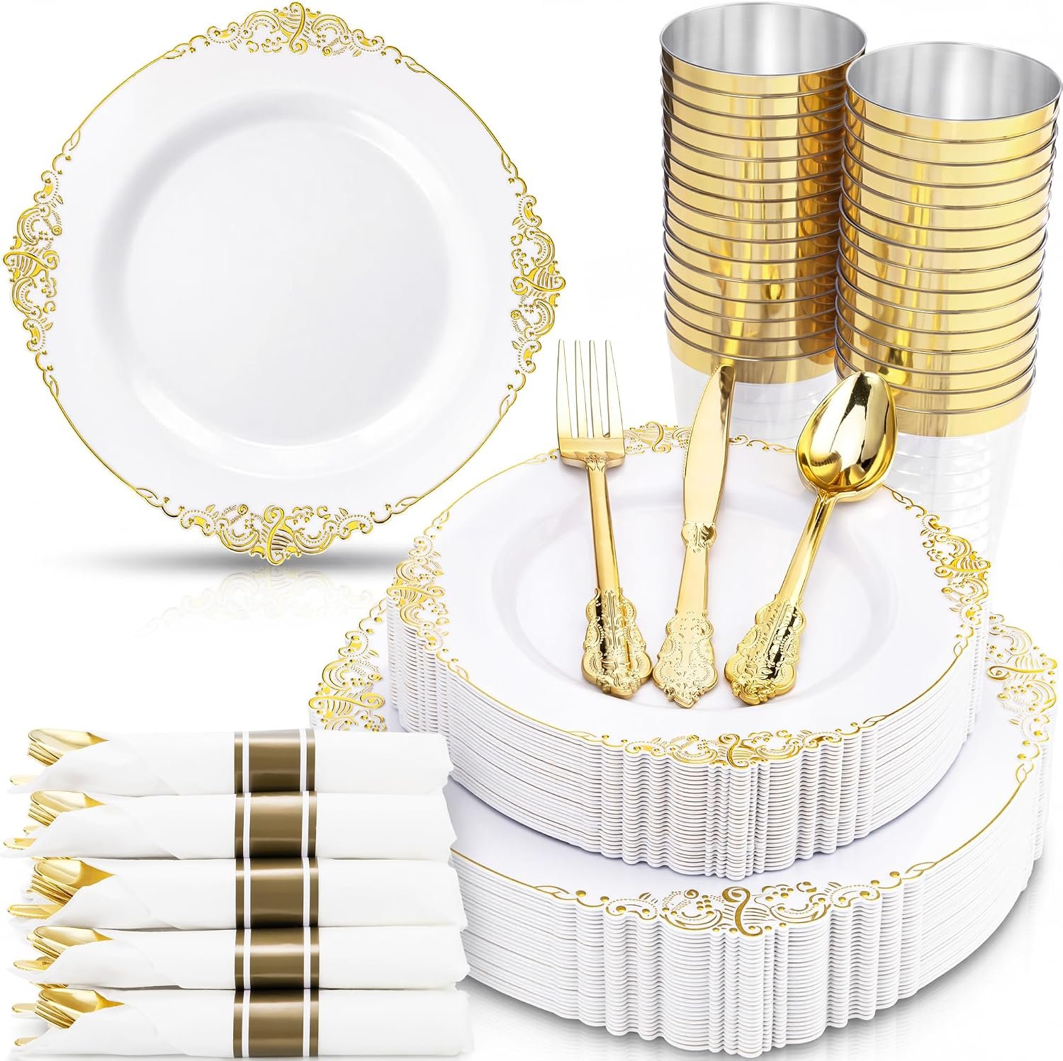 Nervure 350Pcs Gold Plastic Plates, Disposable Dinnerware Set for 50 Guests | 100 White Disposable Plates, 50 Pre Rolled Silverware Set, 50 10oz Cups, Perfect for Wedding, Party, Back to School, BPA-free