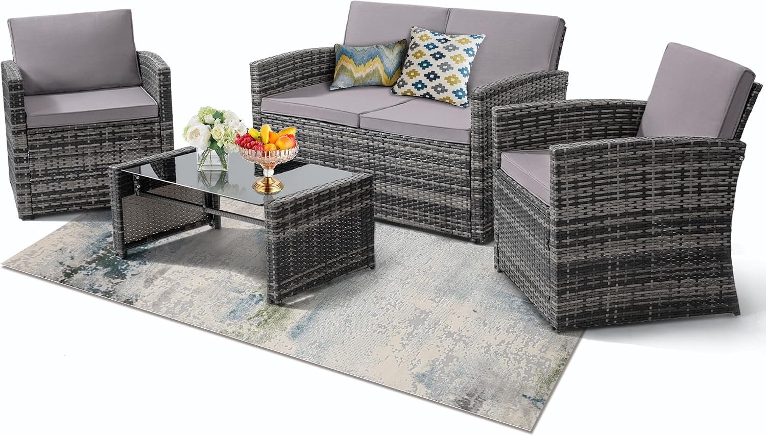 KROFEM 4 Piece Patio Furniture Set, Outdoor Wicker Conversation Set | Washable Cushions, 2 Armchairs + Loveseat Sofa + Coffee Table, Hand Woven UV Treated Wicker, Rustproof Steel Frame, Grey