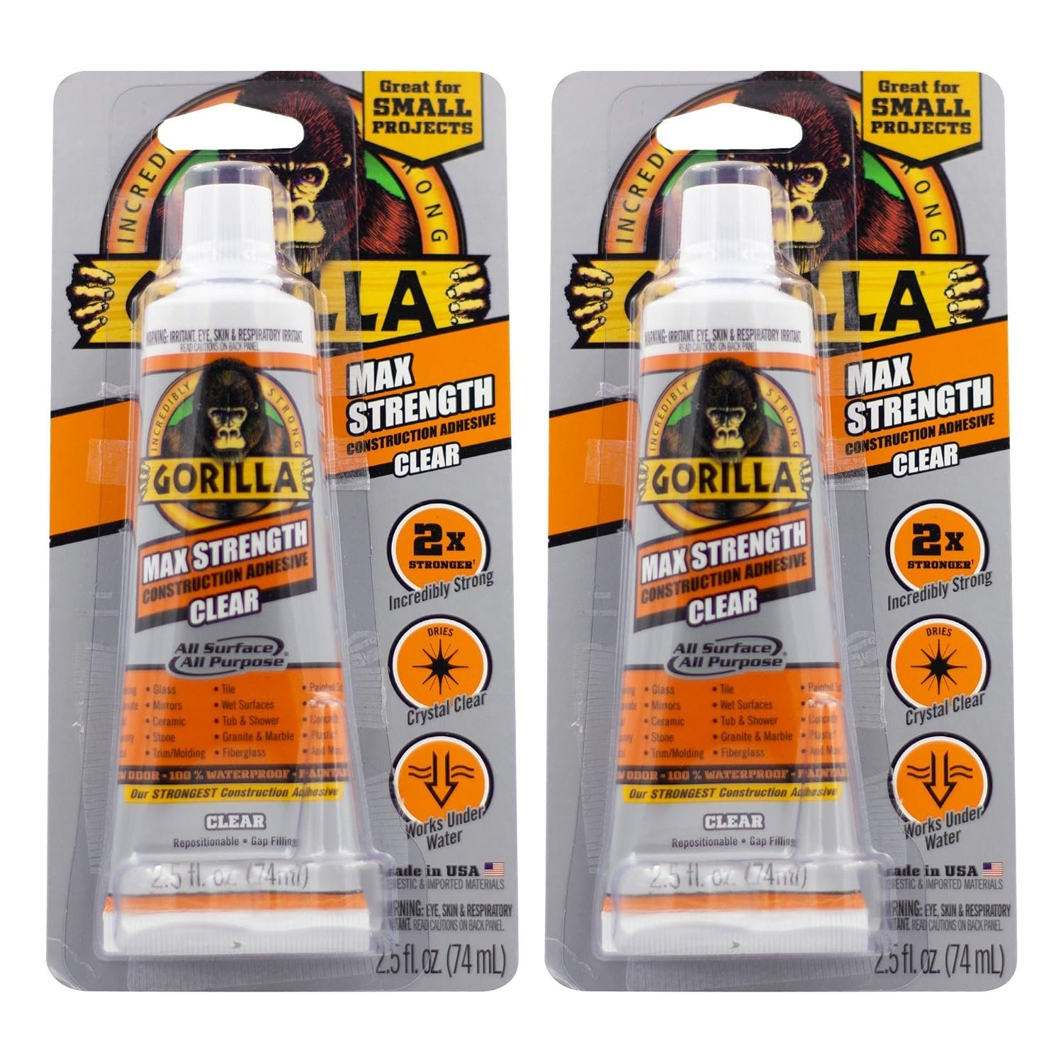 Gorilla Max Strength Construction Adhesive, Clear Glue, 2.5 Ounce Squeeze Tube (Pack of 2) – Gap Filling and Waterproof