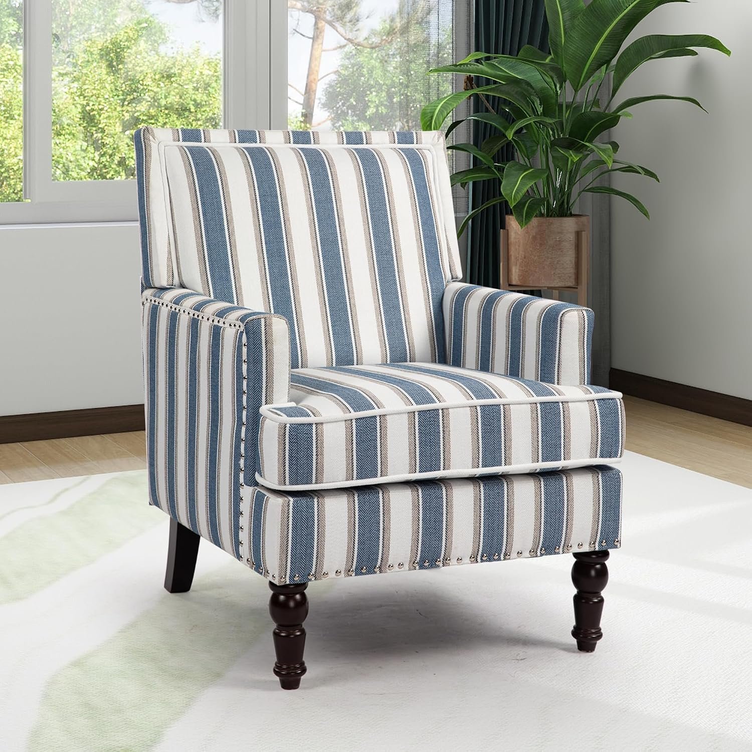 Accent Chair, Comfy Cozy Modern Mid-Century Accent Chairs | Linen Upholstered Lounge Arm chair with Solid Wood Reading Side Padded Single for Living Room/Balcony/Bedroom-Blue Stripe