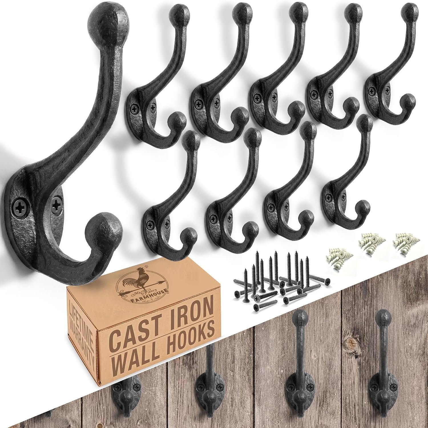 Rustic Cast Iron Coat Hooks (10 Pack) Wall Mounted Farmhouse Decorative Wall Hooks, Vintage Hooks for Hanging Coats, Bags, Hats, Towels (Antique Black)