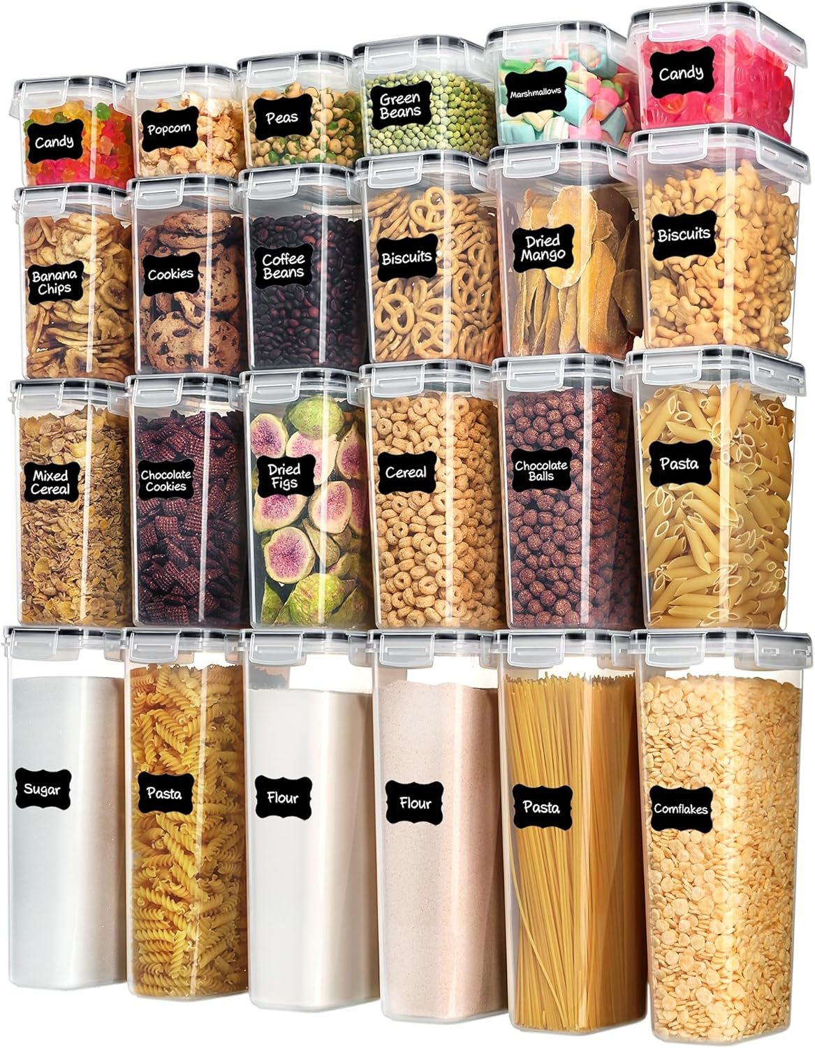 Airtight Food Storage Containers with Lids, Vtopmart 24 pcs Plastic Kitchen and Pantry Organization Canisters for Cereal, Dry Food, Flour and Sugar, BPA Free, Includes 24 Labels，Black | For Cereal Pasta Snack Flour Sugar, BPA Free, Airtight Seal, Multiple Sizes, Dishwasher Safe (Not Lids), Includes 24 Labels