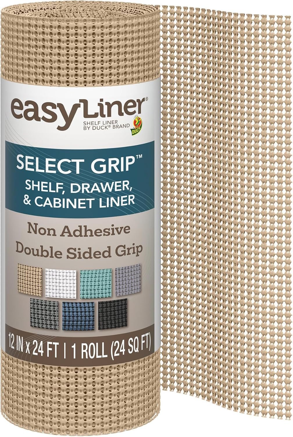 EasyLiner Select Grip Shelf Liner – Easy to Install & Cut to Fit – Non Slip, Non Adhesive, Drawer Shelf & Cabinet Liner for Kitchen, Bathroom, Pantry Cupboards, 12 in x 24 ft (1 Roll), 24 ft, Beige