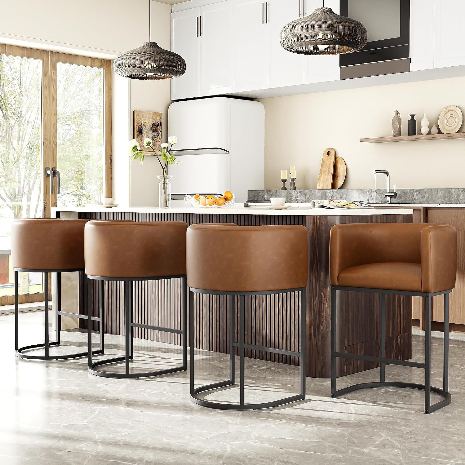 26″ H Counter Height Bar Stools Set of 4, Modern Barrel Counter Stools with Backrest and Arms, Faux Leather Upholstered Accent Barstools for Kitchen Island,Support 450 LBS (Walnut Brown