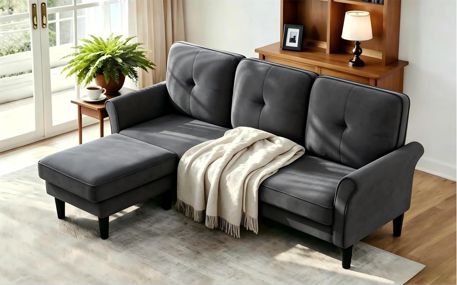 Welzona Sofa Couch, 83″ Sofas for Living Room, Soft Couches for Living Room | Comfy Velvet, Modern L Shaped Couch with Ottoman, Small Sectional Couch for Living Room Bedroom Apartment Office, Grey Sofa