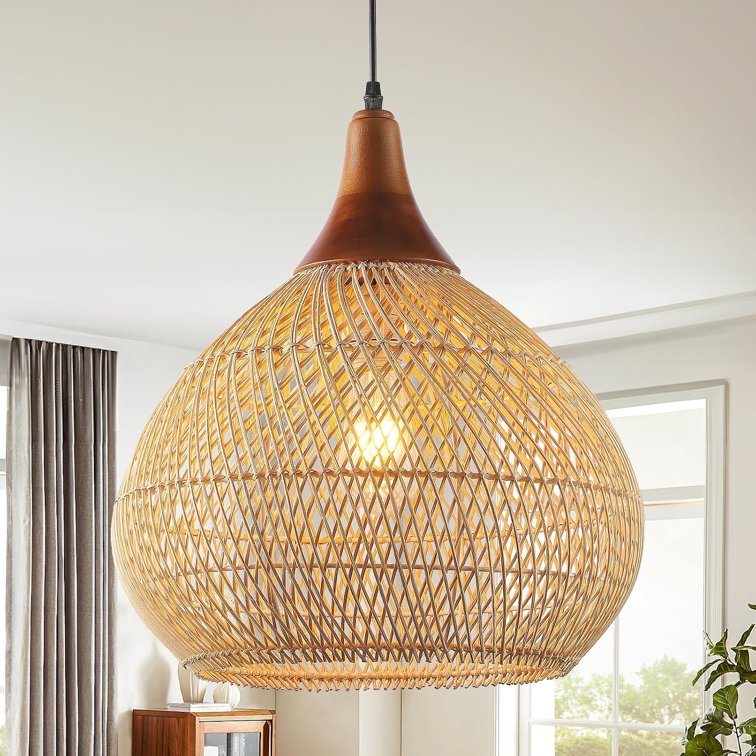 Rattan Pendant Light, 15.7″ Rattan Chandelier Hand-Woven Boho Pendant Light Fixtures with Solid Wood, Basket Wicker Chandelier for Dining Room Kitchen Island Living Room
