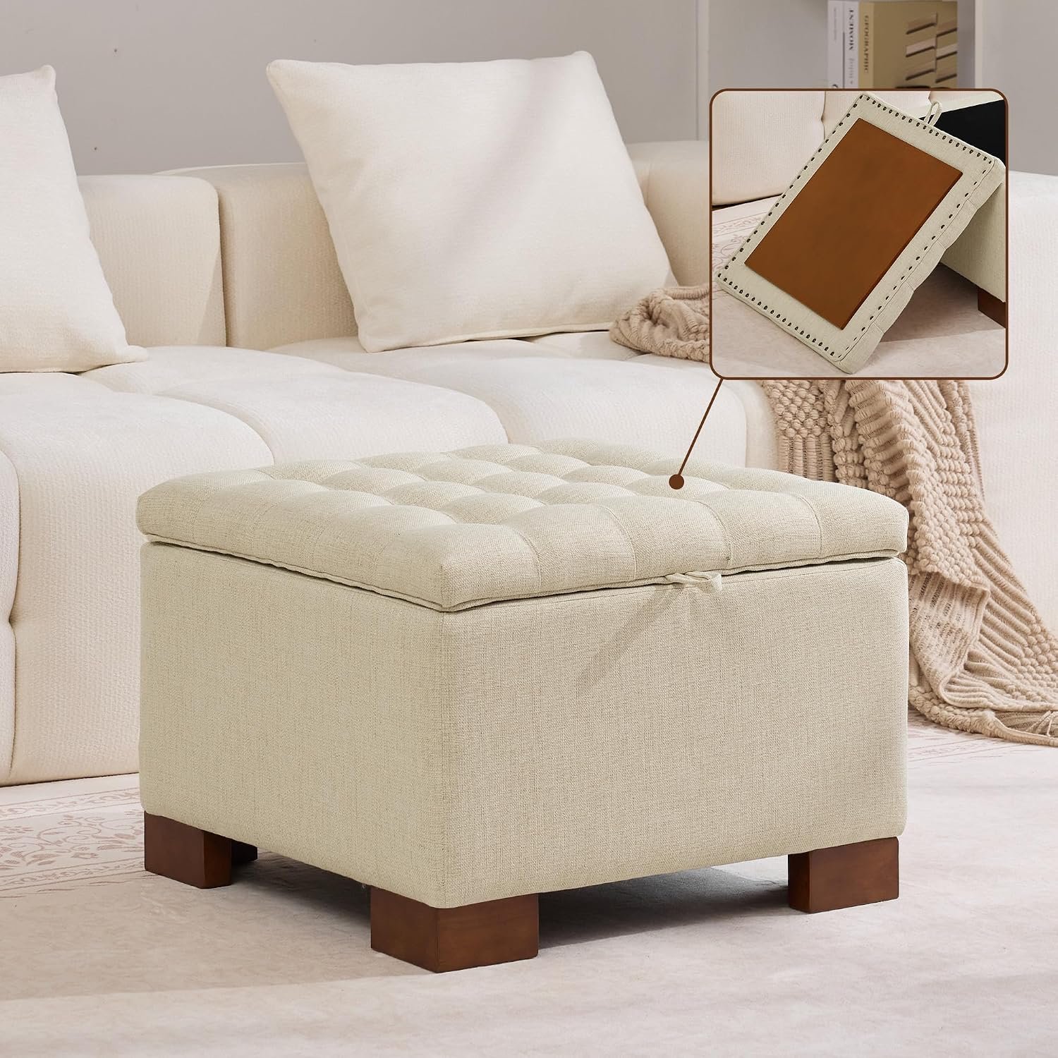WUTUTUEE 24″ Fabric Square Storage Ottoman with Wooden Tray, Modern Tufted Button Footstool Coffee Table, Upholstered Small Ottoman for Living Room, Bedroom, Khaki