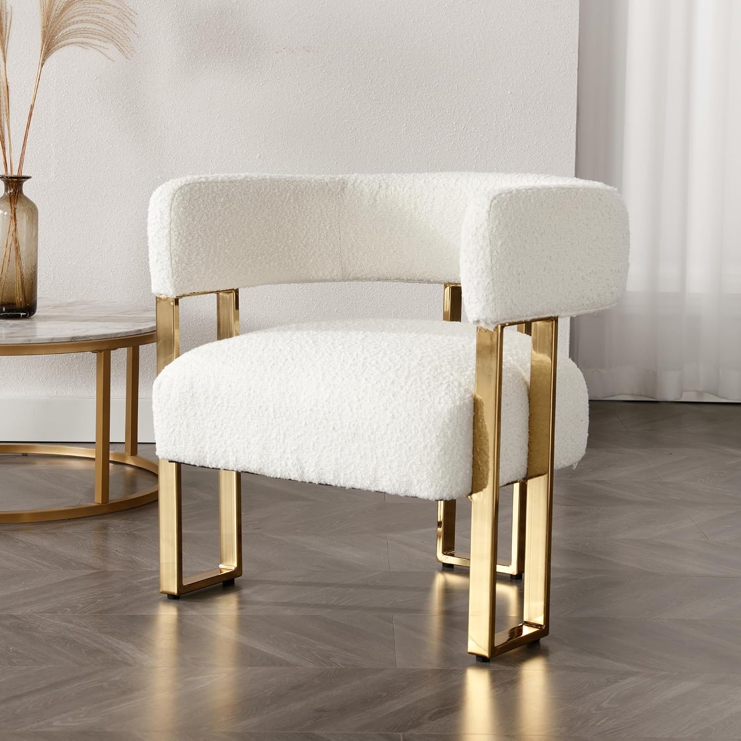 Barrel Accent Chair,Modern Side Chair with Golden Metal Legs, Sherpa Upholstered Reading Armchair for Bedroom, Boucle Club Chairs for Living Room/Reception Room/Lounge/Office, White