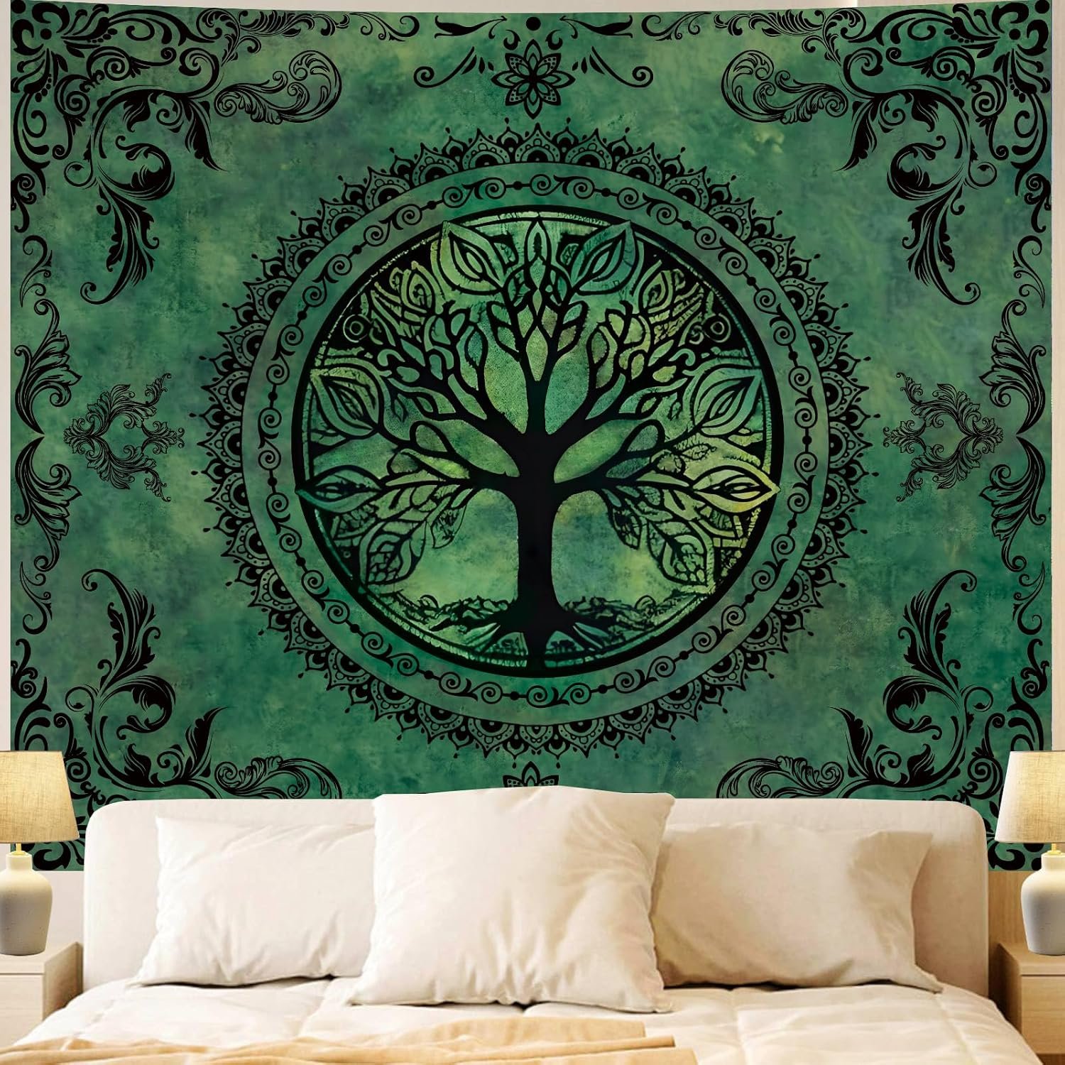 Green Boho Tapestry for Bedroom, Large Hippie Tree of Life Wall Tapestries | Hippy Mandala Wall Hanging, Big Nature Ceiling Backdrop, Bohemian Cotton Art Decor for Camping Dorm Living Room (51″X60″)