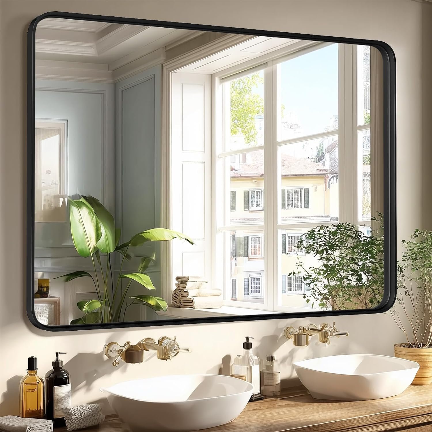 Sweetcrispy Bathroom Mirror 40×30 Inch Black Metal Framed Rounded Rectangle Vanity Mirror for Wall, Over Sink, Farmhouse, Restroom, Anti-Rust, Modern Decorative, Horizontal or Vertical Hanging
