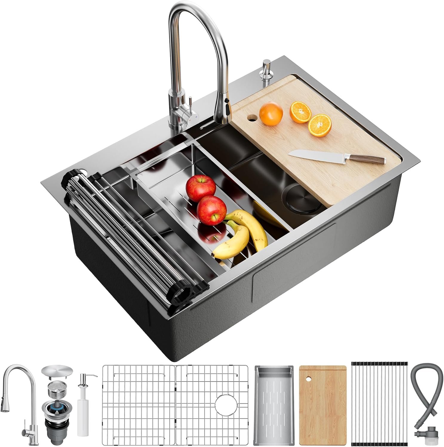 CAMMOO 33X22 Drop In Kitchen Sink, 304 Stainless Steel Workstation Sink | Pop-Up Drain, Workstation Sink, Upgraded Fast Drain, Topmount Single Bowl with Accessories, Foldable Grid for Easy Cleaning