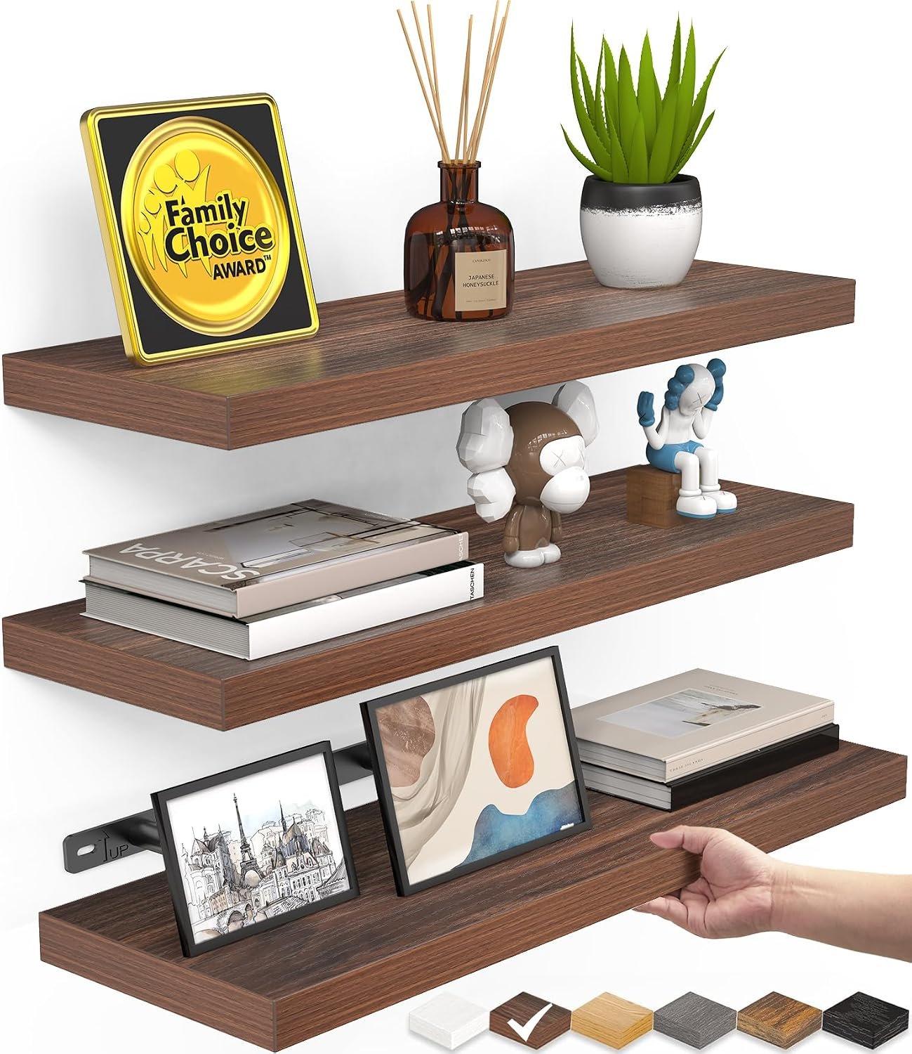 BAYKA Walnut-Like Floating Shelves 15.7in, 3 Pack, Wall Mount Rustic Shelf | 22lbs Max Load, Hidden Bracket, for Bathroom Bedroom Kitchen Display Storage Decor, Easy Install, Multi-Wall Compatible