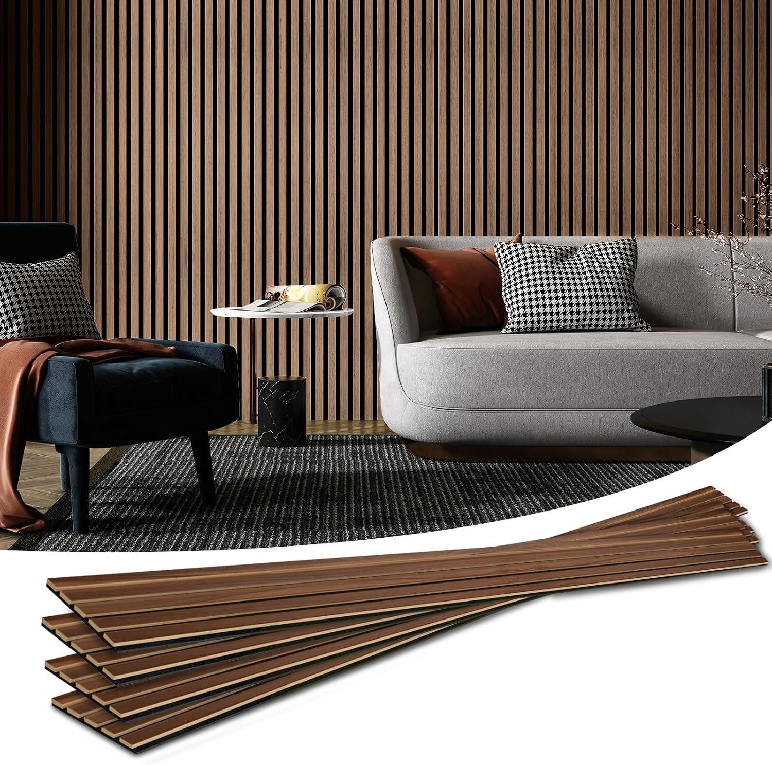 Art3d 4-Piece Wood Slat Acoustic Panels for Stylish Decor and Noise Reduction, 3D Textured Panel for Ceiling and Wall, Walnut | Wood Grain Finish, Effortless Setup, Sustainable, Long-Lasting, Noise Reduction, Easy Care, for Living Room, Bedroom, Office