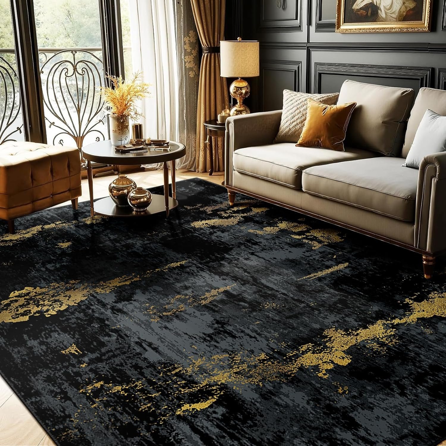 RELEANY Washable 5’x7′ Abstract Area Rug for Living Room Black Gold | carpet for bedroom, kitchen, office, hallway and entryway, printed pattern, non-slip, soft, stain-resistant, easy to clean